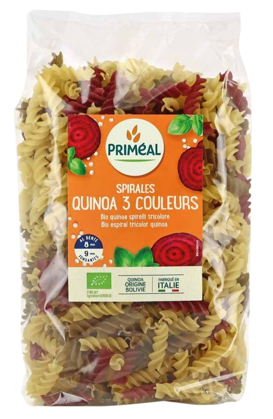 Primeal Organic fusilli pasta with three-color wheat and quinoa, 500 grams, in a clear bowl showing vibrant, multicolored pasta shapes.