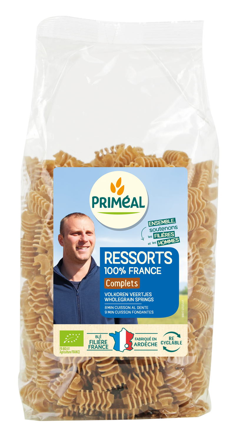 Primeal organic whole wheat marziani veertjes pasta in a 500g package, showcasing the light, airy pasta shape on a clean background.