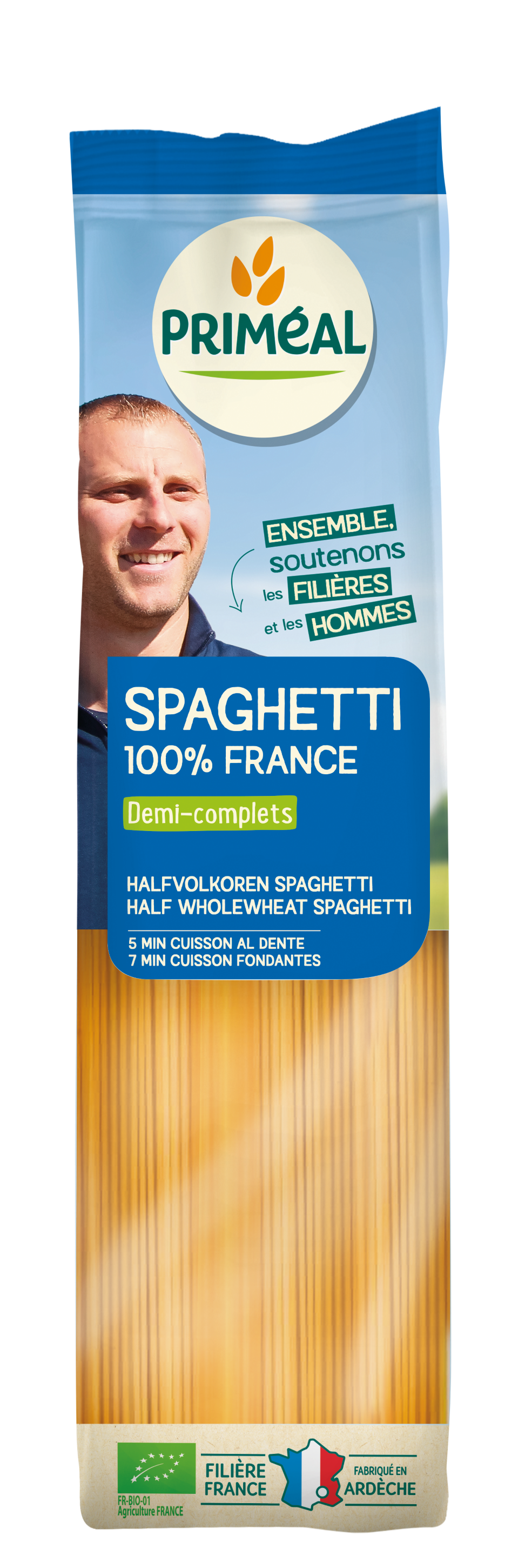 Primeal Halfvolkoren spaghetti bio in 500g package, showcasing whole wheat pasta for healthy eating.