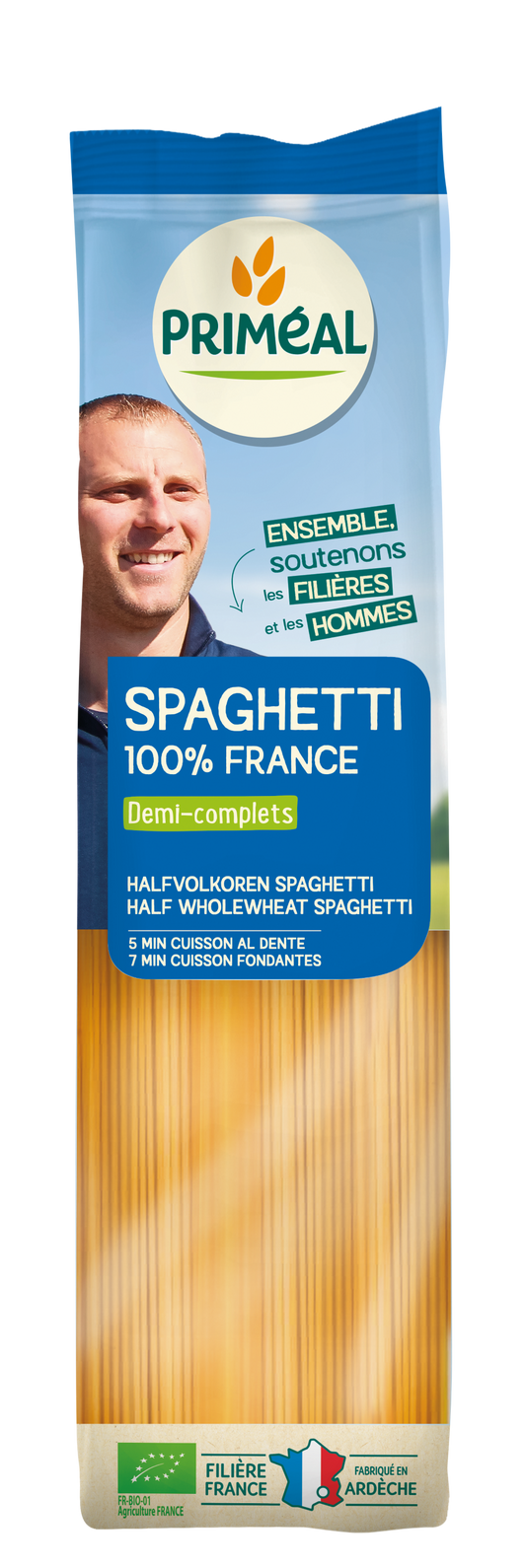Primeal Halfvolkoren spaghetti bio in 500g package, showcasing whole wheat pasta for healthy eating.