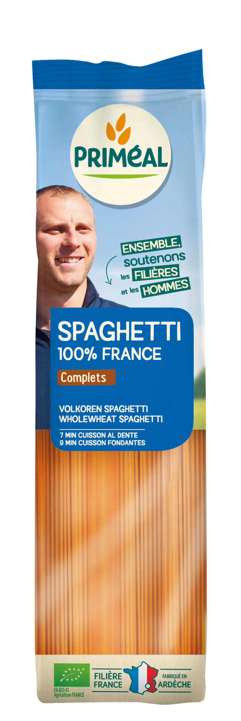 Primeal volkoren spaghetti bio in 500g package, showing whole wheat pasta strands in a clear image.