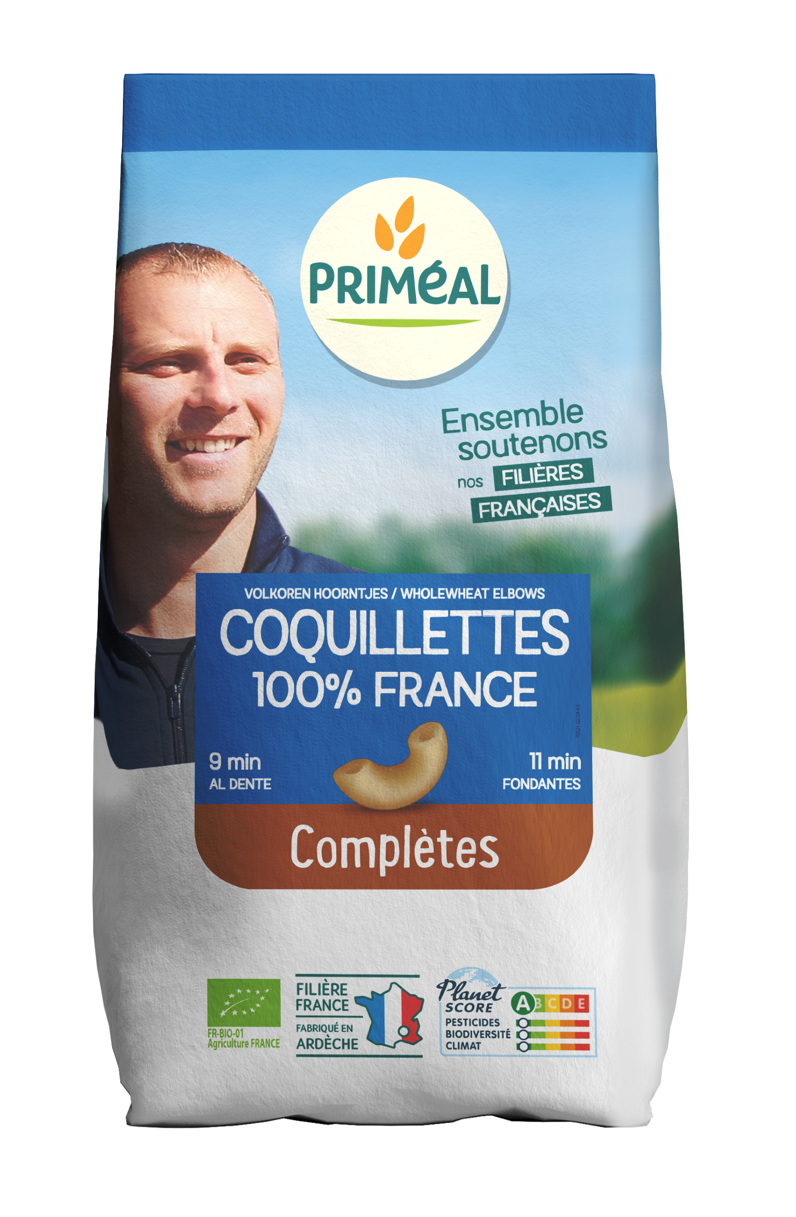 Primeal volkoren macaroni hoorntjes bio pasta in a 500g package, showing the whole wheat pasta shape and packaging.