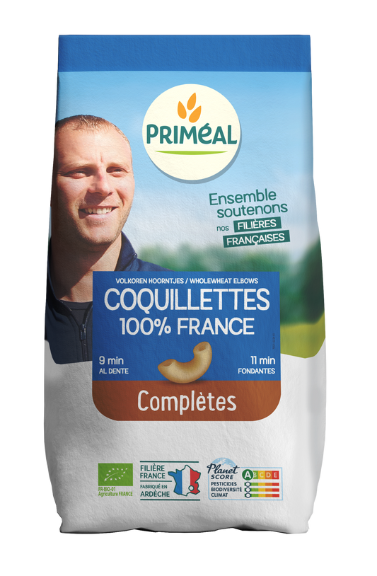 Primeal volkoren macaroni hoorntjes bio pasta in a 500g package, showing the whole wheat pasta shape and packaging.