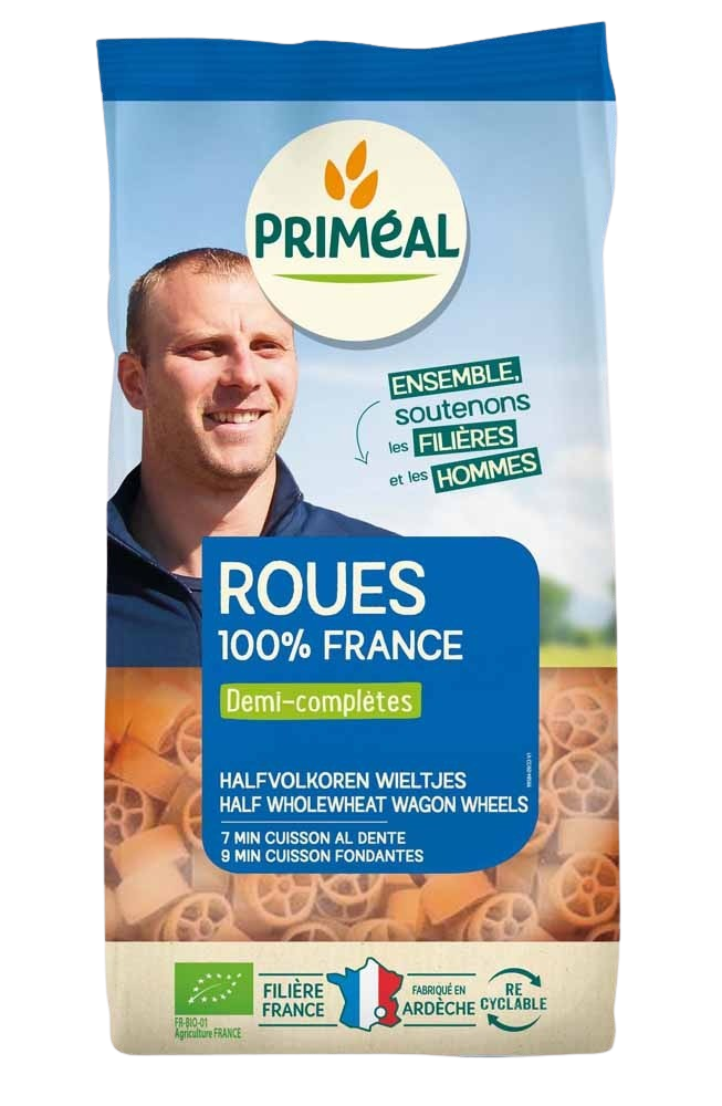 Primeal organic half whole wheat pasta wheels in a 500g package, showing the pasta's shape and packaging details.