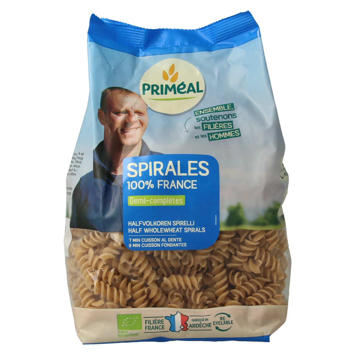 Primeal Whole Wheat Spiral Pasta in 500g package, organic whole grain pasta for healthy meals