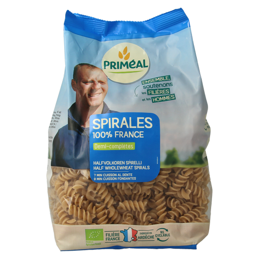Primeal Whole Wheat Spiral Pasta in 500g package, organic whole grain pasta for healthy meals