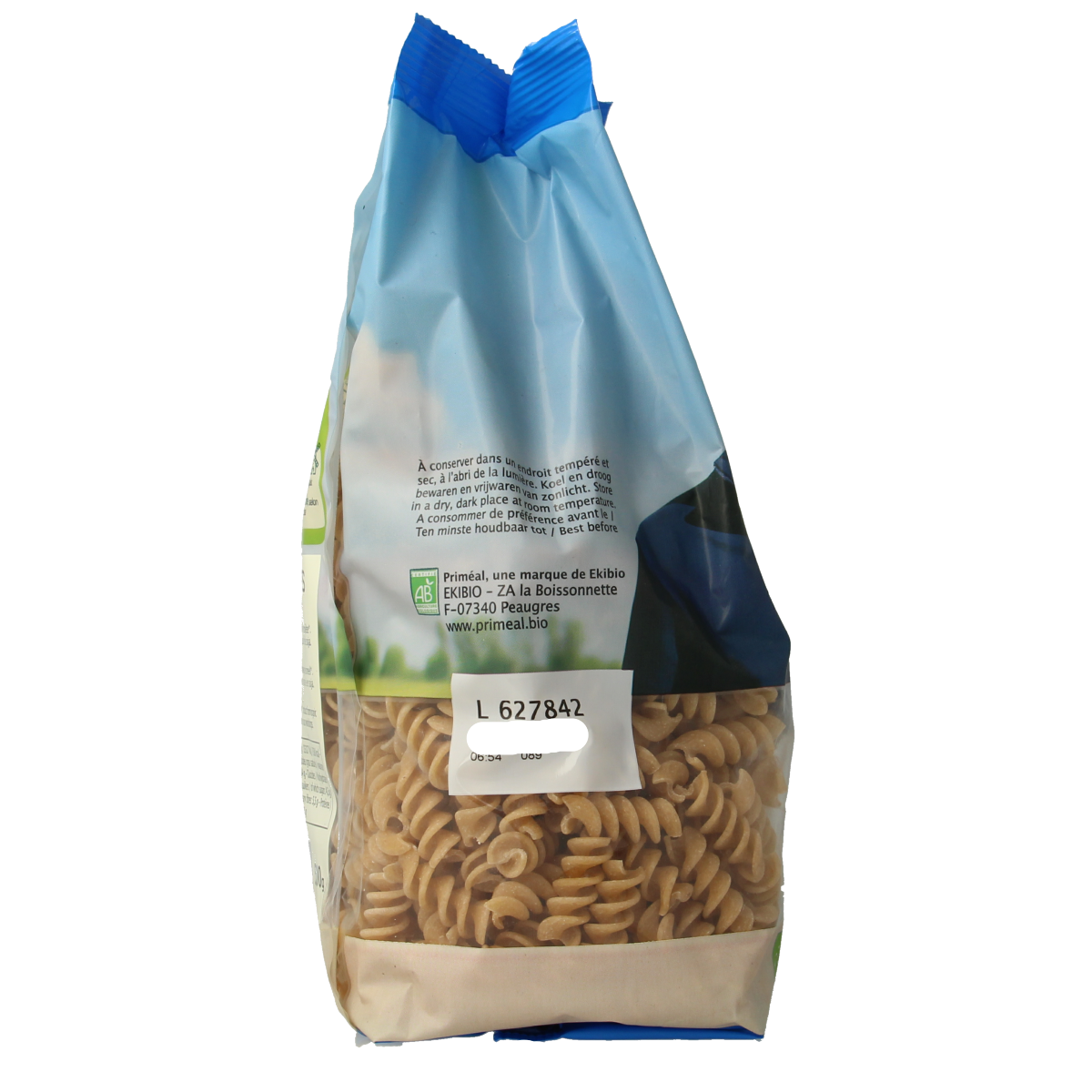 Primeal Volkoren Spiralen pasta in a 500g package, organic whole wheat pasta for healthy meals.