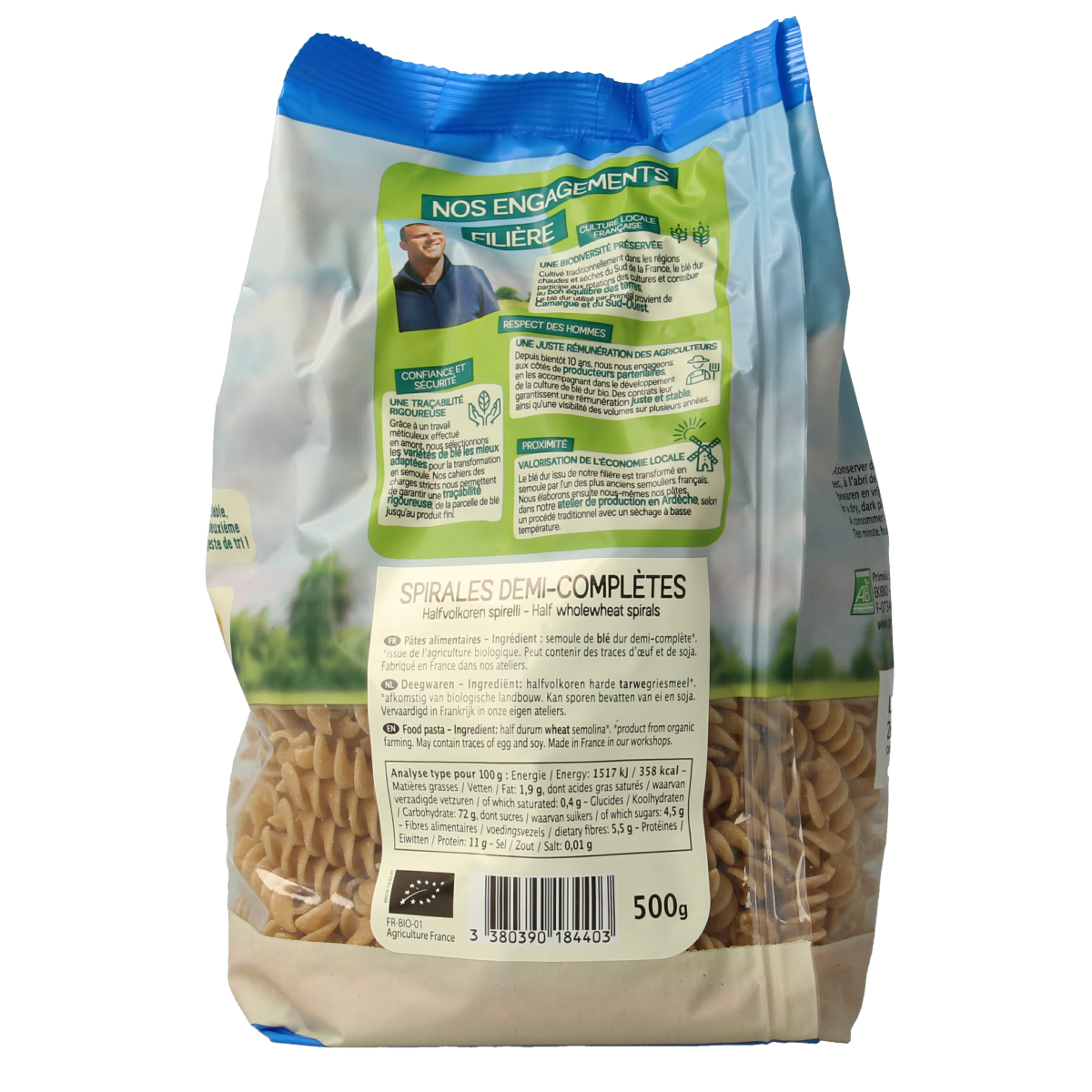 Primeal Halfvolkoren spiralen bio pasta in 500g package, whole wheat spiral pasta, natural and organic.