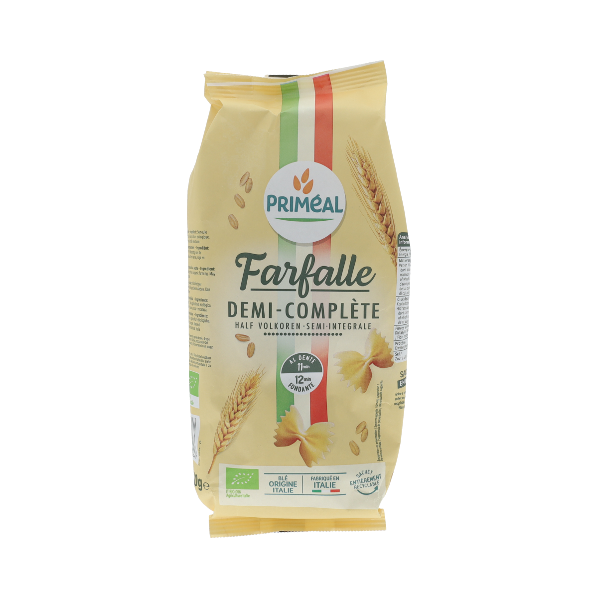 Primeal bio halfvolkoren farfalle pasta in a 500g package, showing uncooked whole wheat bow-tie shaped pasta.