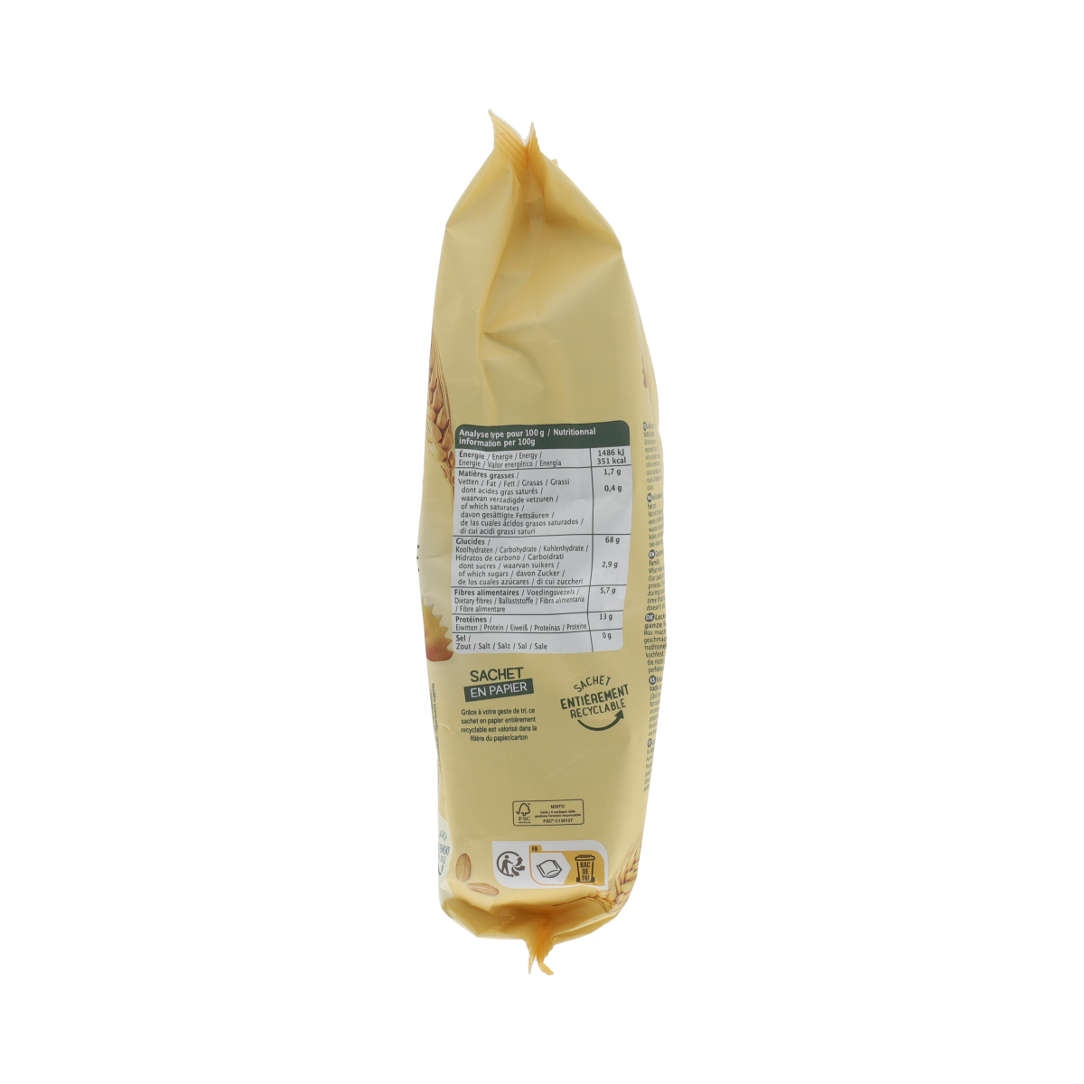 Primeal Halfvolkoren farfalle bio pasta in 500g package, featuring whole wheat farfalle shaped pasta with natural brown color