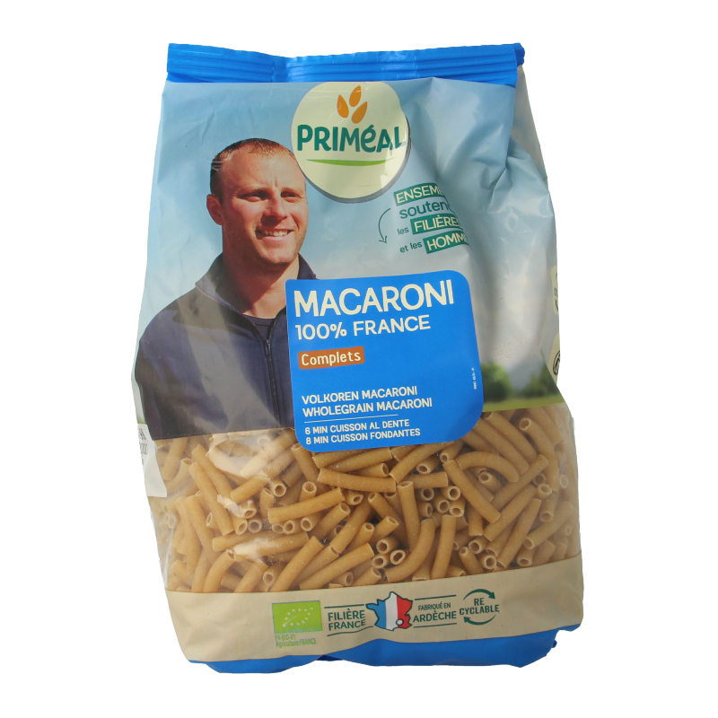 Primeal organic whole wheat macaroni pasta in 500g package, showcasing the dry pasta with a golden-brown color.