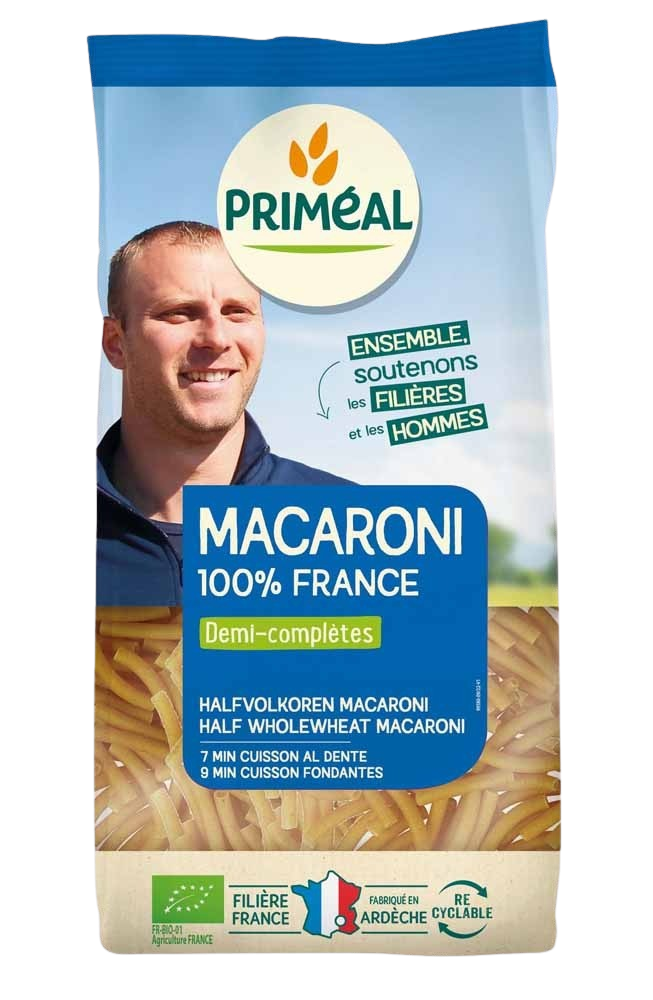 Primeal Halfvolkoren macaroni bio pasta in 500g package, displaying uncooked whole wheat pasta for healthy meal options.