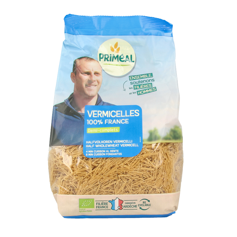 Primeal Vermicelli halfvolkoren bio pasta in 500g package, showing uncooked whole wheat vermicelli noodles.