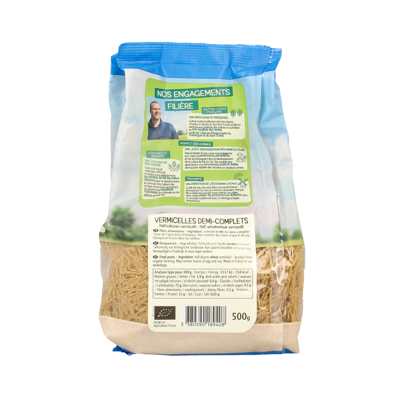 Primeal bio vermicelli halfvolkoren pasta, 500g, showing uncooked whole wheat vermicelli noodles on a white background.