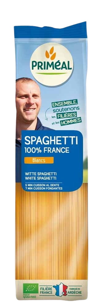Primeal Witte spaghetti bio pasta in 500g package, showcasing uncooked white spaghetti strands on a white background.