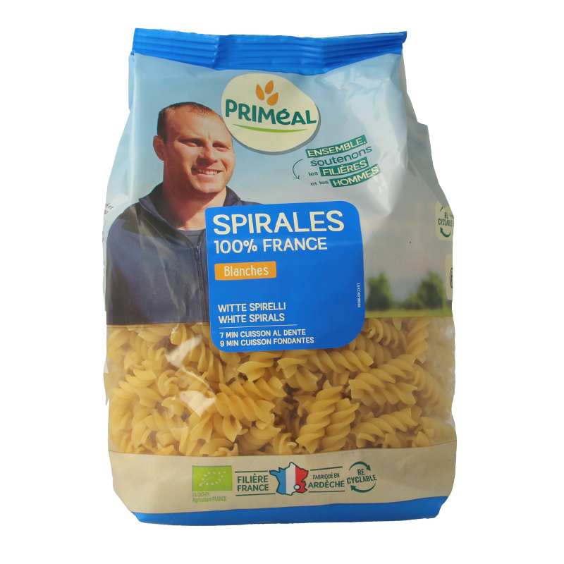 Primeal Witte Spirelli bio pasta in 500g package, showing coiled white organic pasta on a white background.
