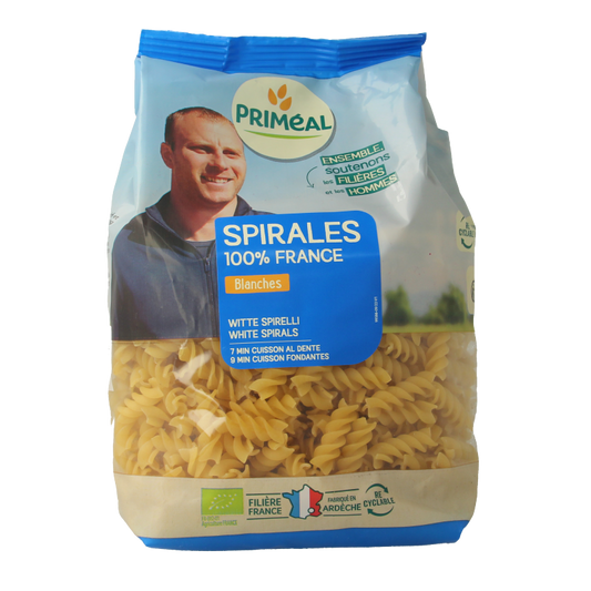 Primeal Witte Spirelli bio pasta in 500g package, showing coiled white organic pasta on a white background.