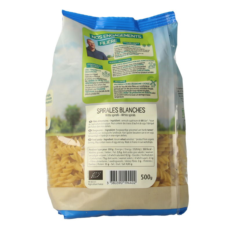 Primeal Witte Spirelli bio pasta in 500g package, showing spiral-shaped pasta made from organic ingredients.