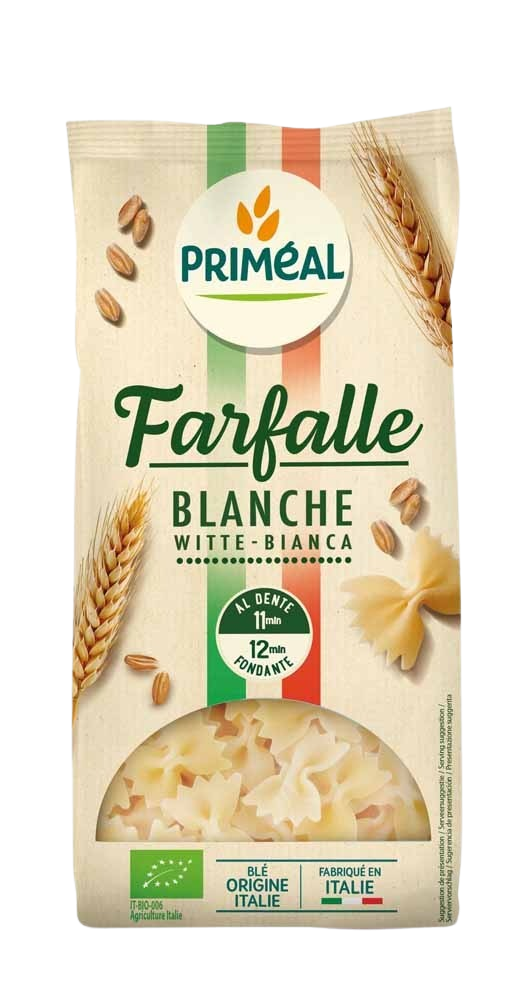 Primeal Witte Farfalle bio pasta in 500g package, showing the pasta shape and packaging label.