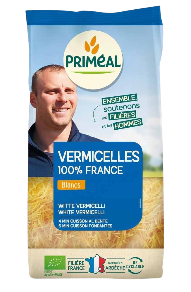 Primeal Witte Vermicelli Bio pasta in 500g package, showing thin, white organic vermicelli noodles on a white background.