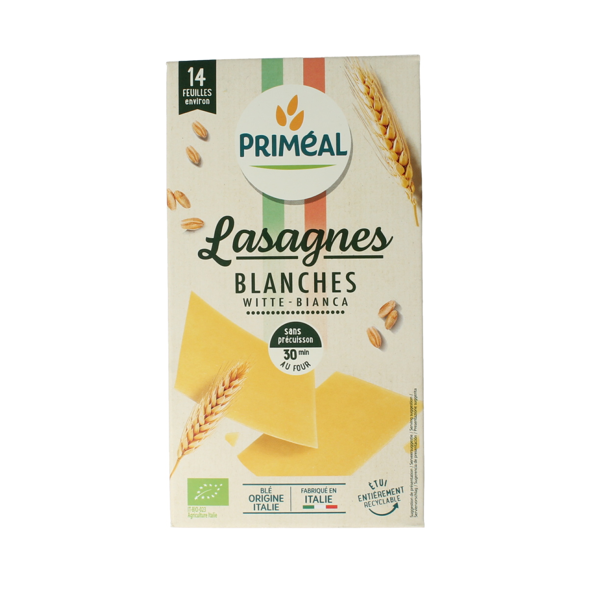 Primeal Witte lasagne bio pasta and rice product package, 250g, with clear branding and product details on the label