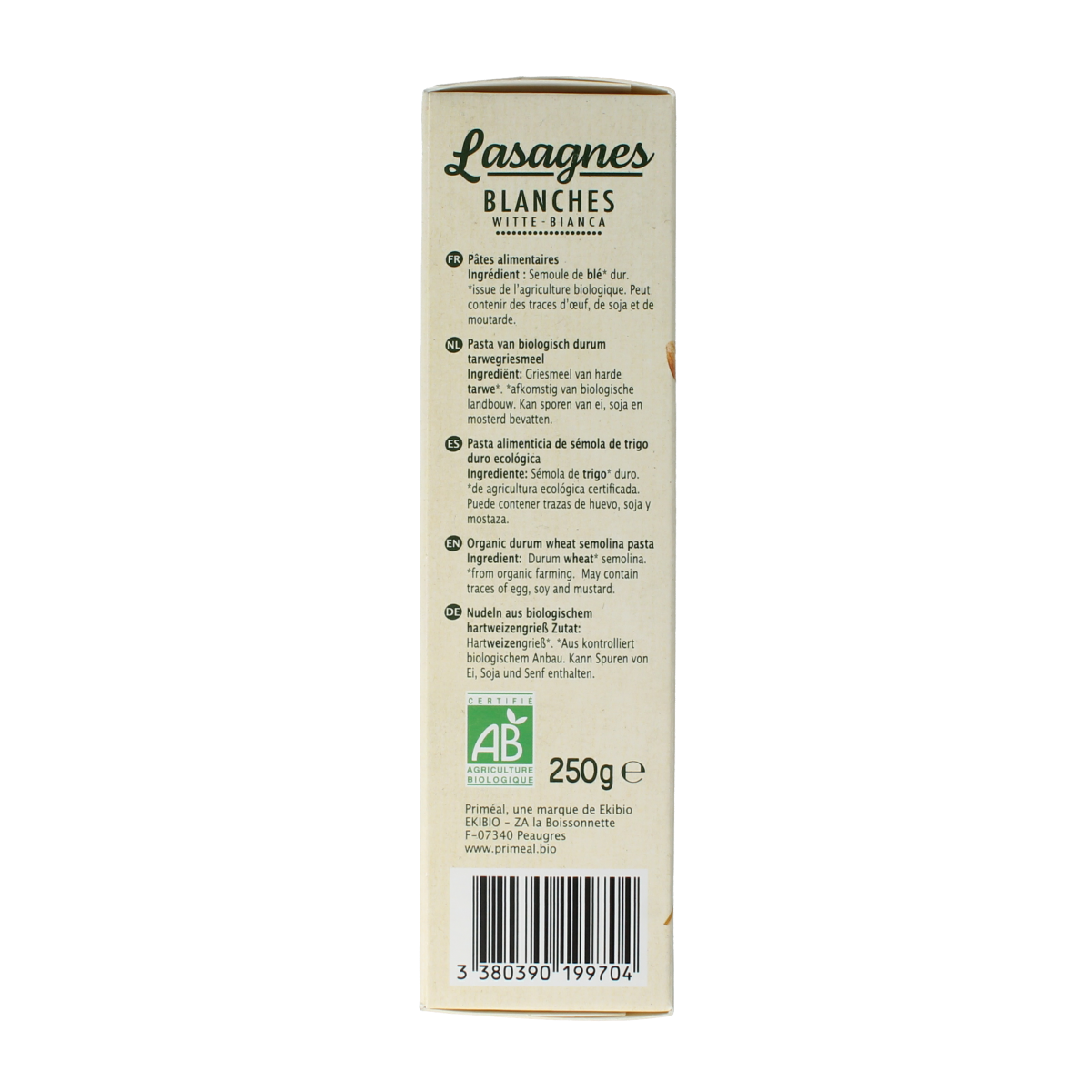 Primeal Witte lasagne bio pasta and rice product, showing uncooked lasagne sheets in a clear package.