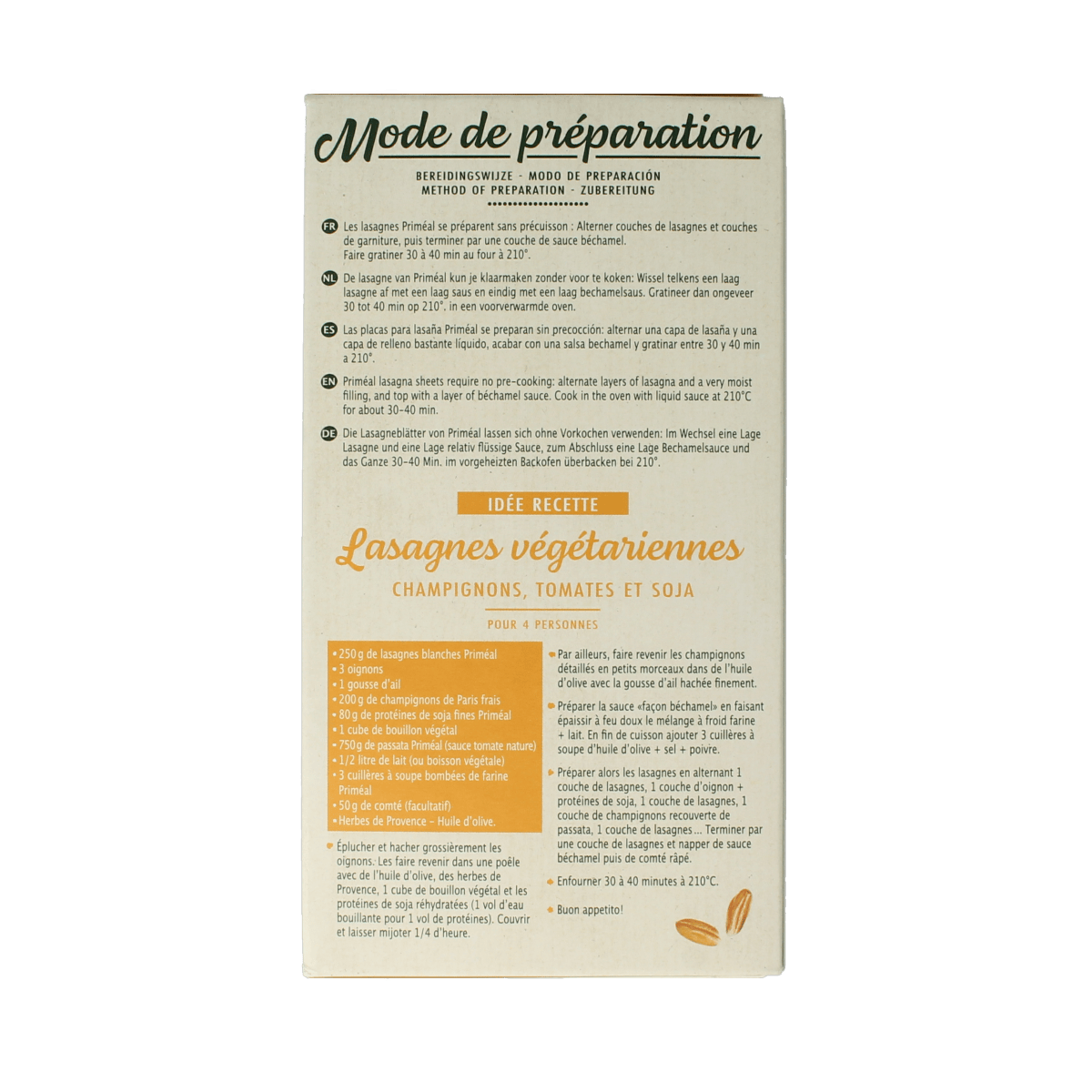 Primeal bio white lasagne pasta and rice, 250g package, showing the product's packaging and branding.