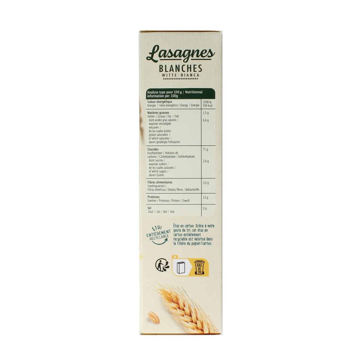 Primeal Witte lasagne bio pasta and rice product, showing uncooked white lasagne sheets in a package.