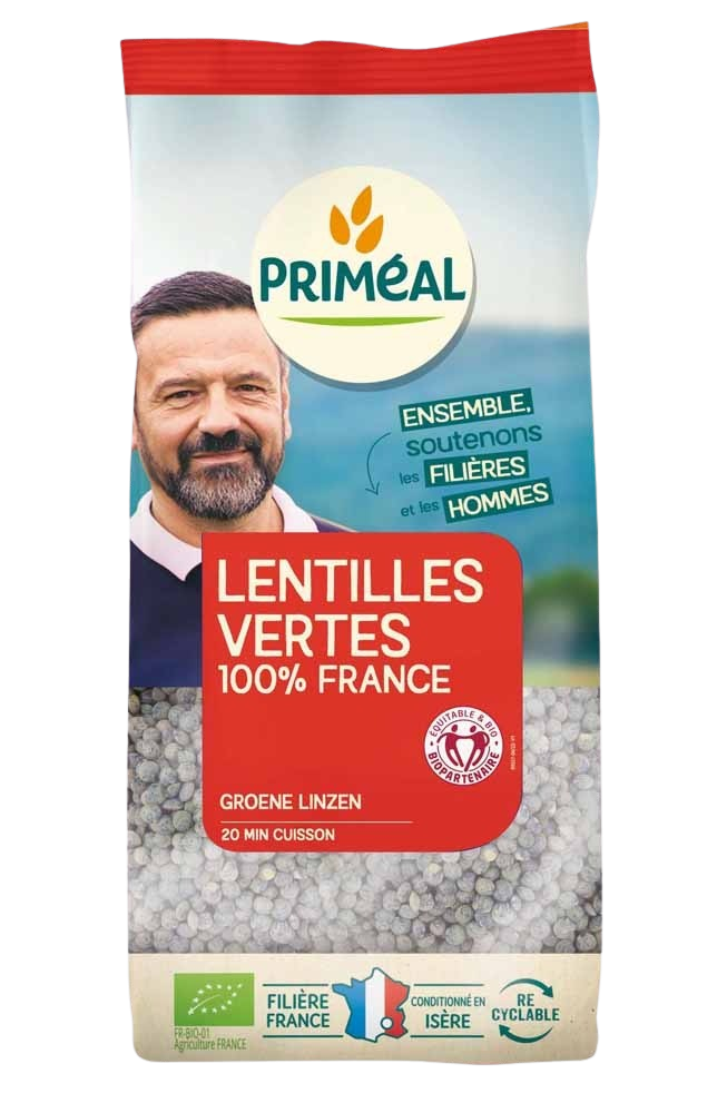 Primeal organic green lentils in 500g package, fresh and dried legume, ideal for healthy cooking and nutritious meals.