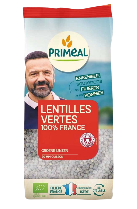 Primeal organic green lentils in 500g package, fresh and dried legume, ideal for healthy cooking and nutritious meals.