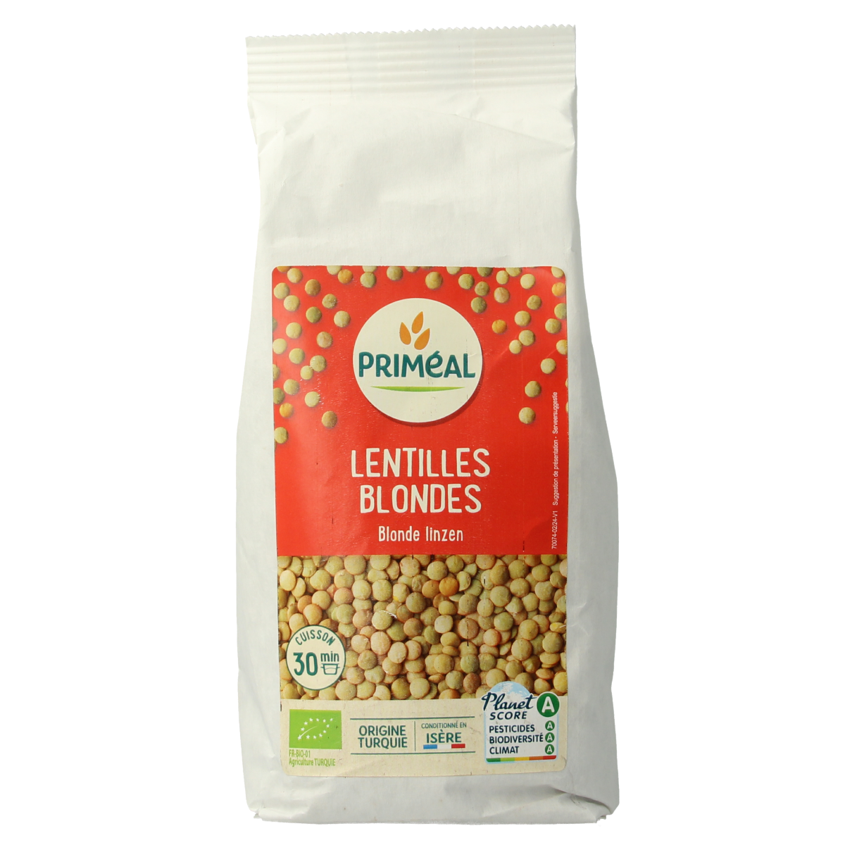Primeal bio blond lentils in a 500g package, shown with fresh vegetables and potatoes, highlighting organic legume product.