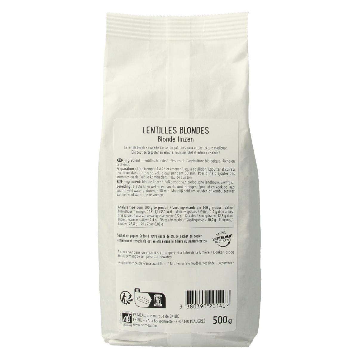 Primeal blond organic lentils in a 500g package, fresh and clean, suitable for healthy cooking and nutritious meals.
