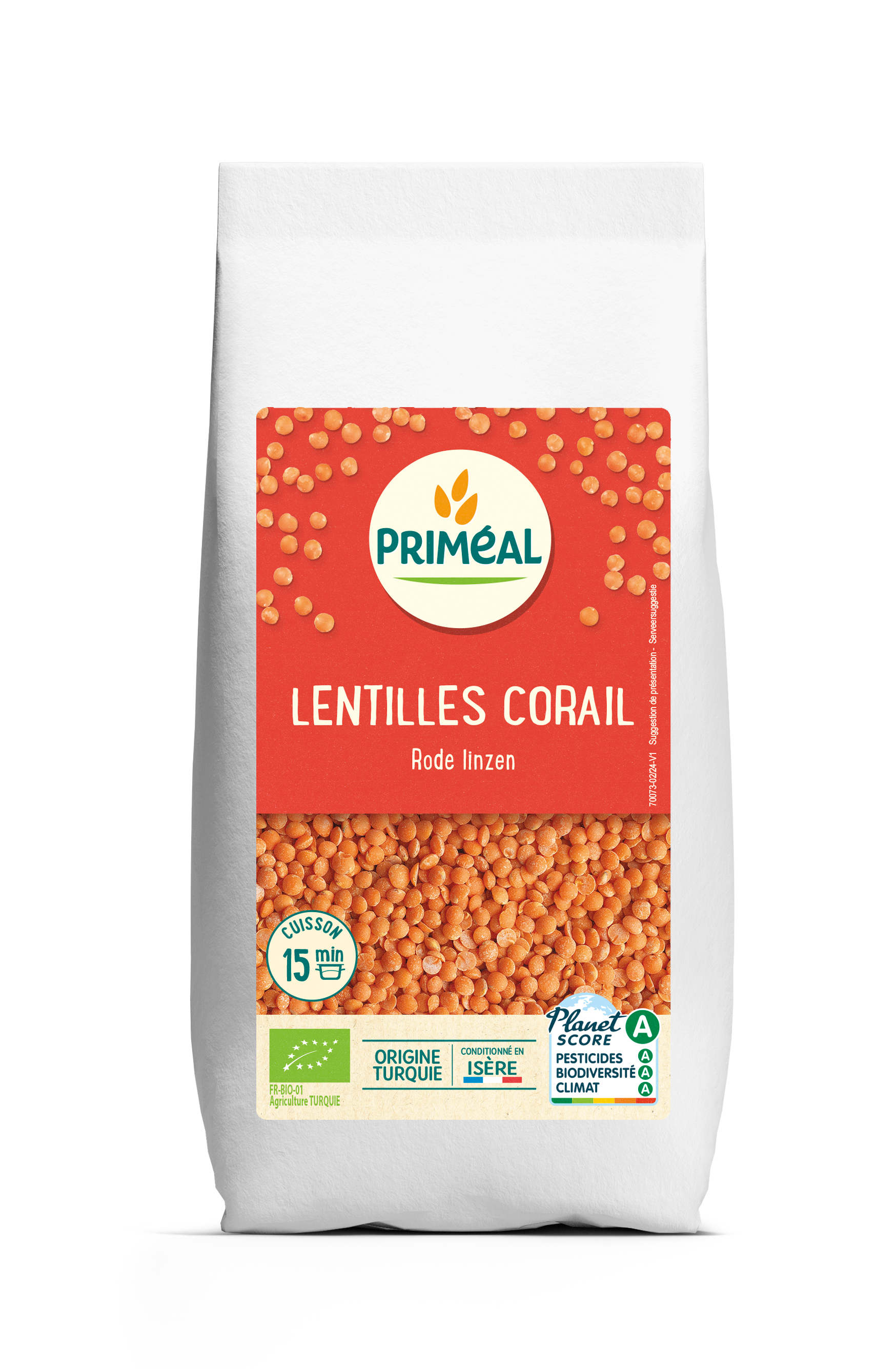 Primeal organic coral lentils in a 1kg bag, showcasing the dried reddish-orange lentils on the package.