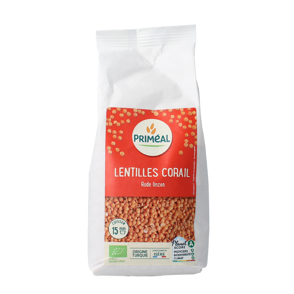 Primeal organic red lentils in a 500g package, shown in a clear image, part of Primeal's vegetable and legume selection.