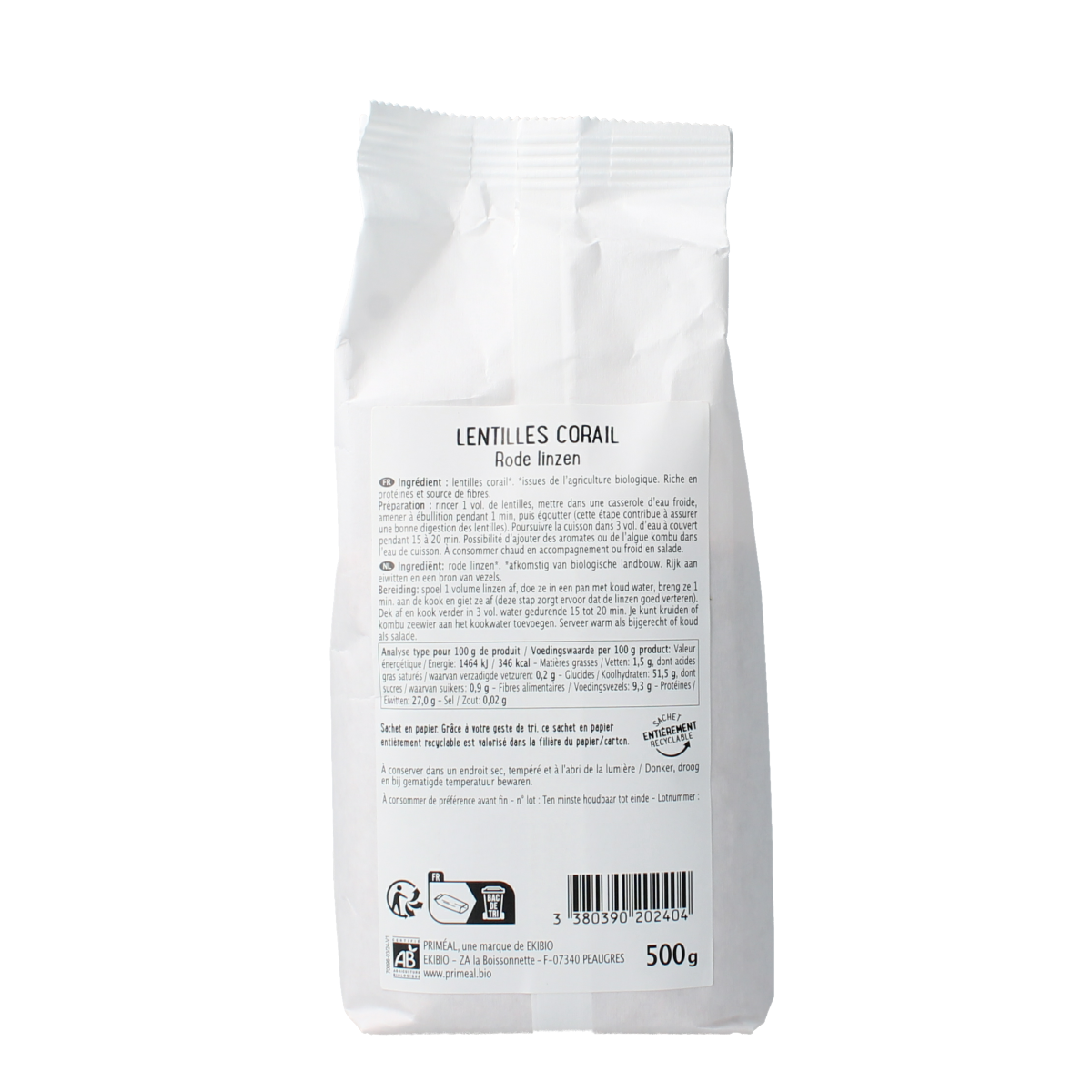 Primeal organic red lentils in a 500g package, showcasing the dried legumes on a white background.