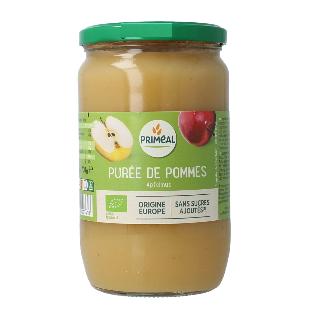 Primeal organic apple sauce in a 700g jar, made from fresh, natural apples, part of Primeal's fruit and vegetable range.