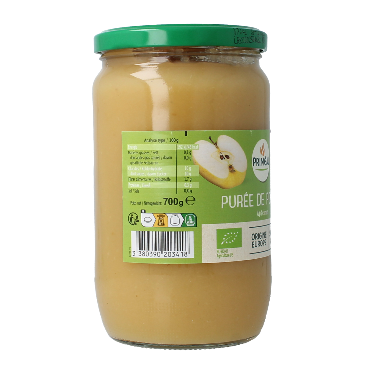 Primeal organic apple sauce in a 700g jar, showcasing fresh, ripe apples and smooth texture, from Primeal brand.