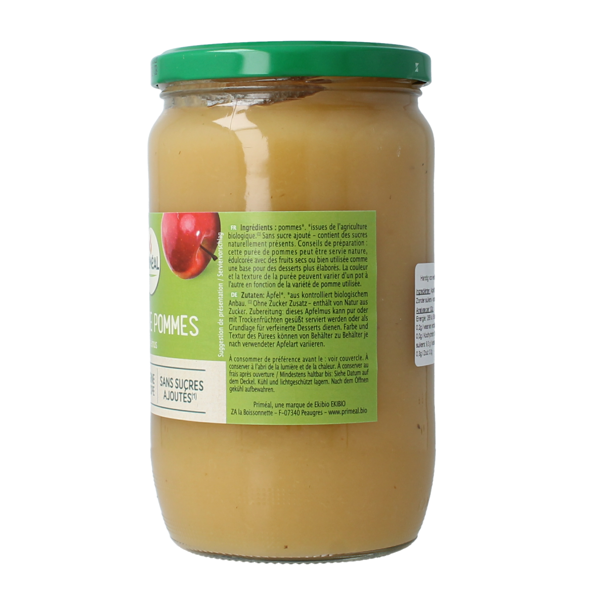 Primeal bio apple sauce in 700g jar, featuring fresh, natural apple puree ideal for healthy snacks or cooking.