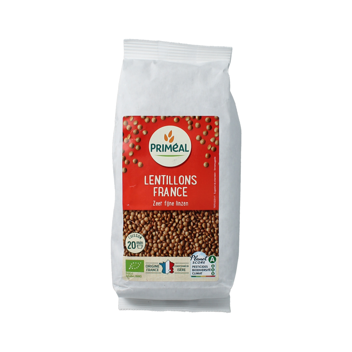 Primeal organic very fine lentils from France in a 500g package, shown in a clear image with fresh, dry lentils.