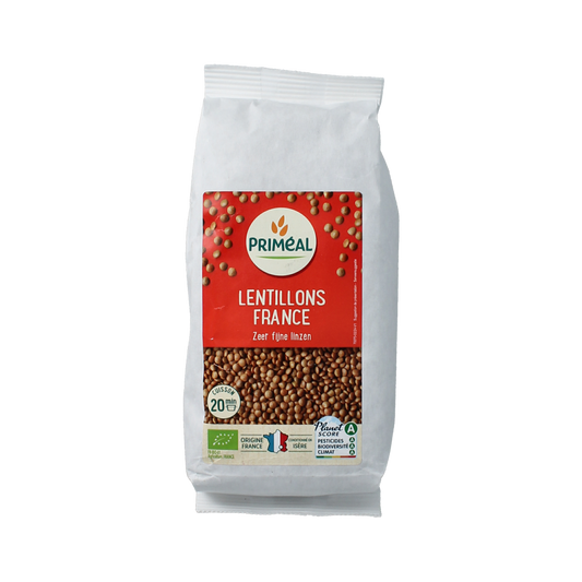 Primeal organic very fine lentils from France in a 500g package, shown in a clear image with fresh, dry lentils.