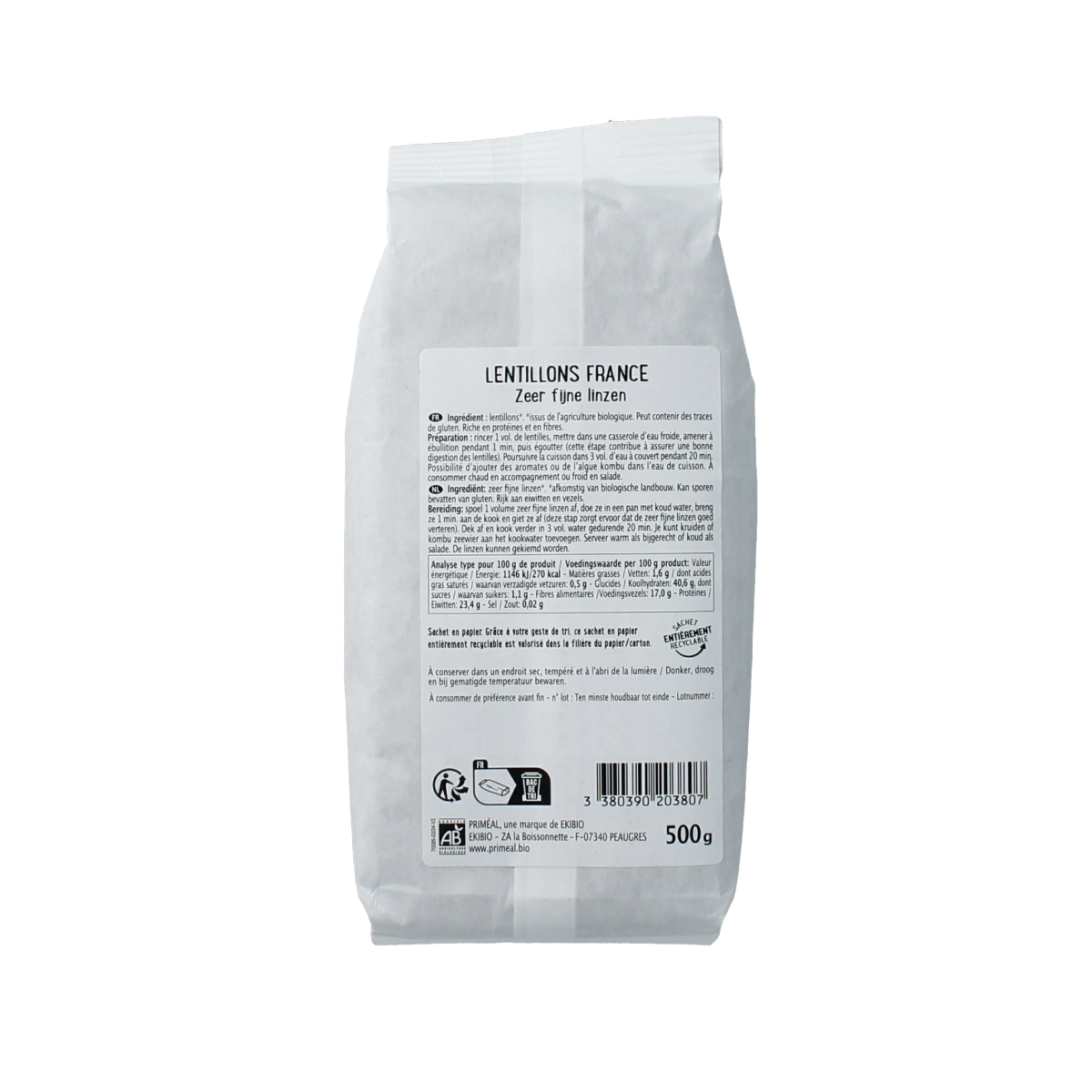 Primeal organic very fine lentils from France in a 500g package on a white background
