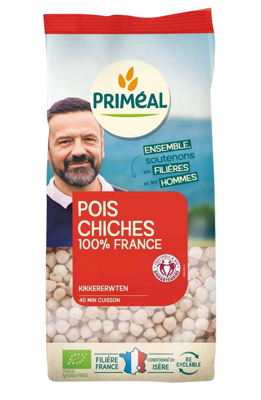 Primeal organic French chickpeas in a 500g package, fresh and ready to cook, from the vegetable and fruit category.