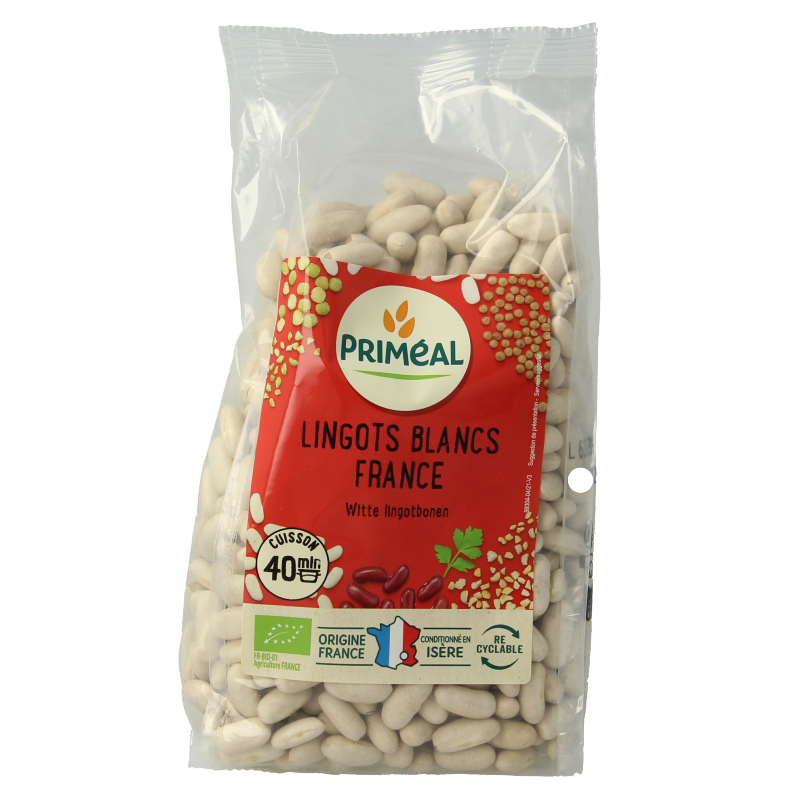 Primeal bio witte lingotbonen uit Frankrijk in 500g verpakking, vers aardappelen en groente, voedingsrijke groente en fruit.