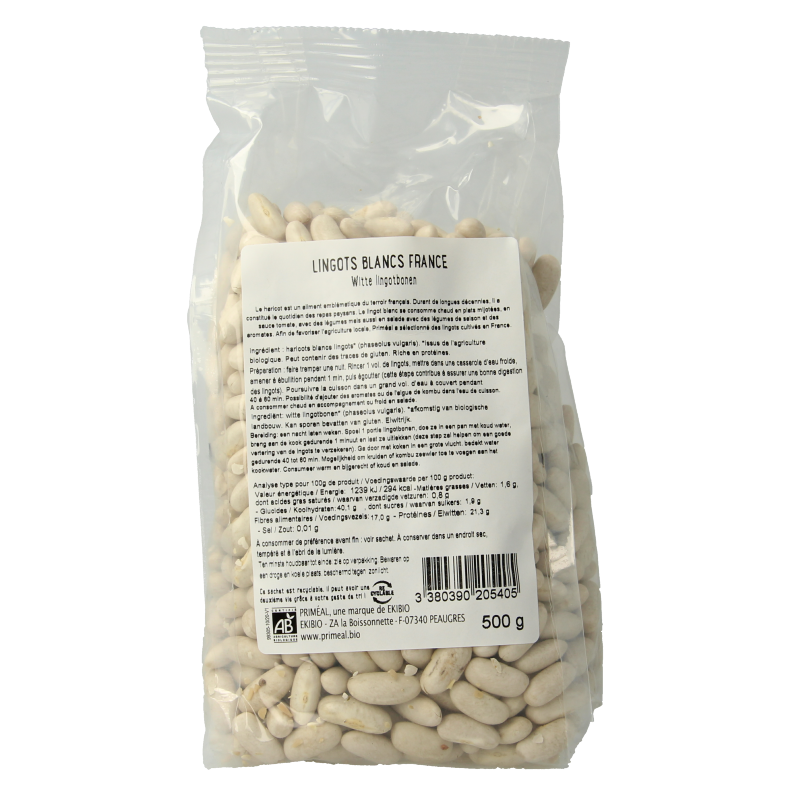 Primeal organic white lingot beans in 500g pack, French bio vegetable product with fresh, plump beans in a natural setting.
