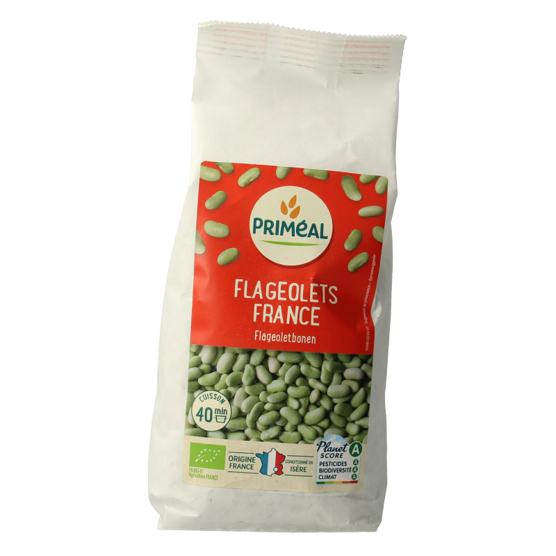 Primeal organic flageolet beans in a 500g package, fresh green legumes from Primeal, part of vegetables and fruits selection.