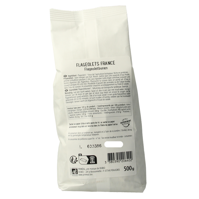 Primeal organic flageolet beans in a 500g package, displayed alongside fresh vegetables and potatoes.