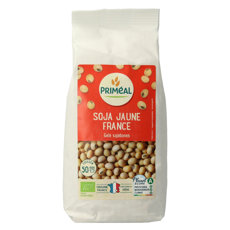 Primeal geel biologische sojabonen in 500g pack, fresh and dry legumes for healthy cooking and plant-based meals.