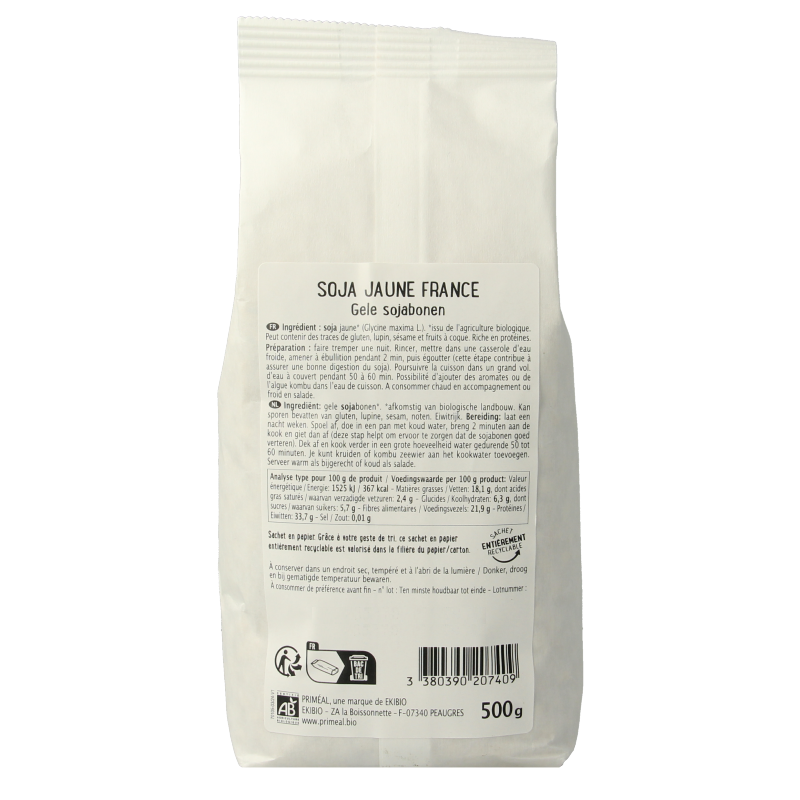 Primeal geel biologische sojabonen in 500g package, fresh and vibrant, suitable for cooking or protein-rich meals.