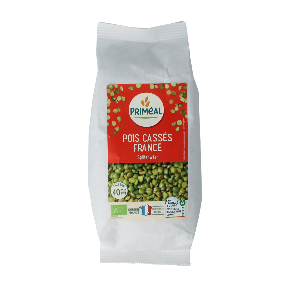 Organic Primeal Split Peas 500g bag, showing fresh green split peas in a clear package, ideal for cooking and soups.