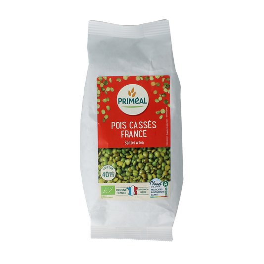 Organic Primeal Split Peas 500g bag, showing fresh green split peas in a clear package, ideal for cooking and soups.